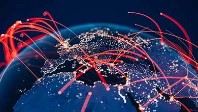 Blue Globe viewing from space at night with connections between cities.